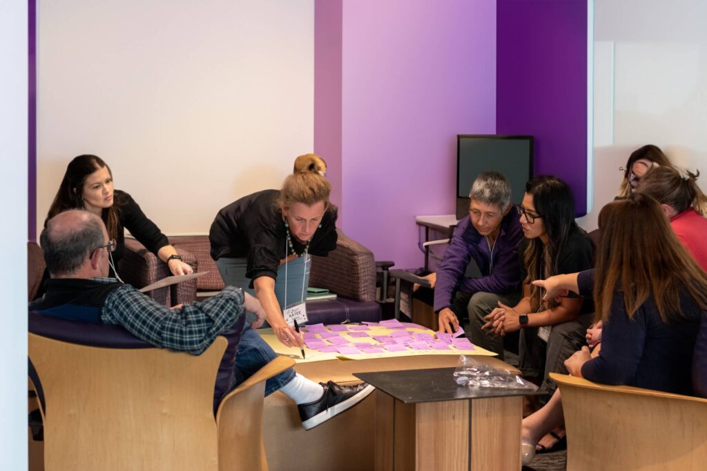A group of people is gathered around a table, adding sticky notes to a large piece of paper while brainstorming.