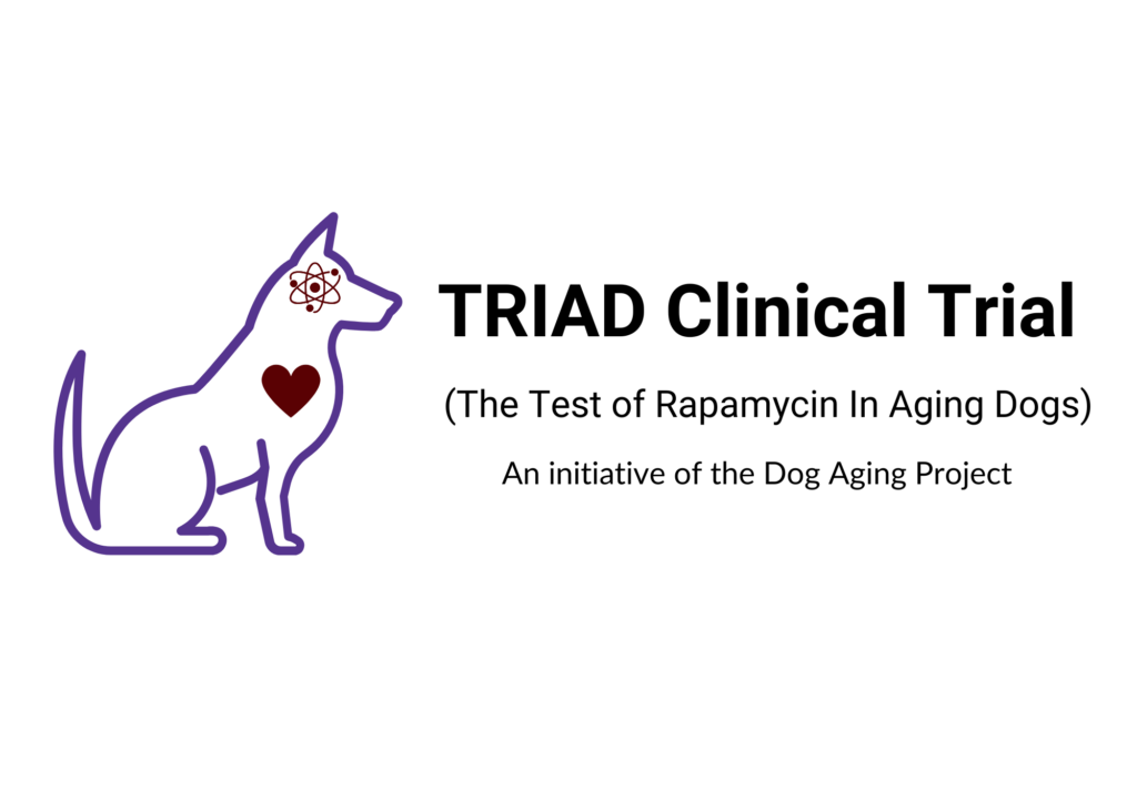 Logo of TRIAD that's a dog outline with heart and atom. Graphic has text that reads TRIAD Clinical Trial (Test of Rapamycin In Aging Dogs) An initiative of the Dog Aging Project