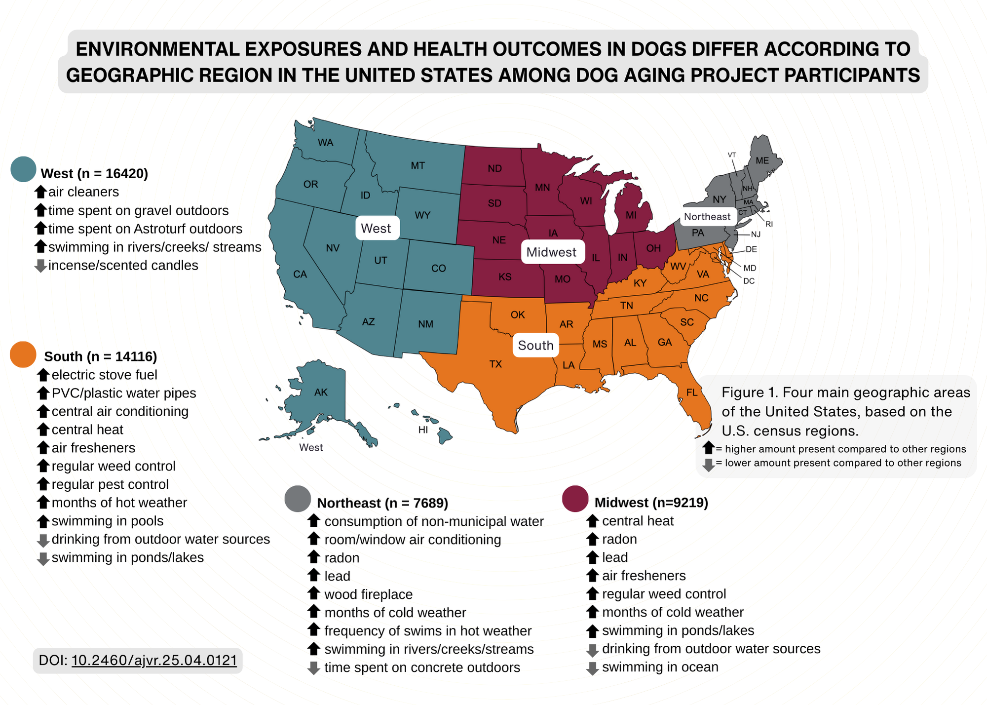 A US Map divided into regions: Northeast, West, South and Midwest with key differences in dogs’ environments across different geographic regions of the United States.