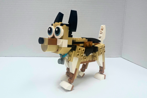 A Lego-built dog with tan, white, and black bricks, featuring large blue and white eyes and a small blue collar.